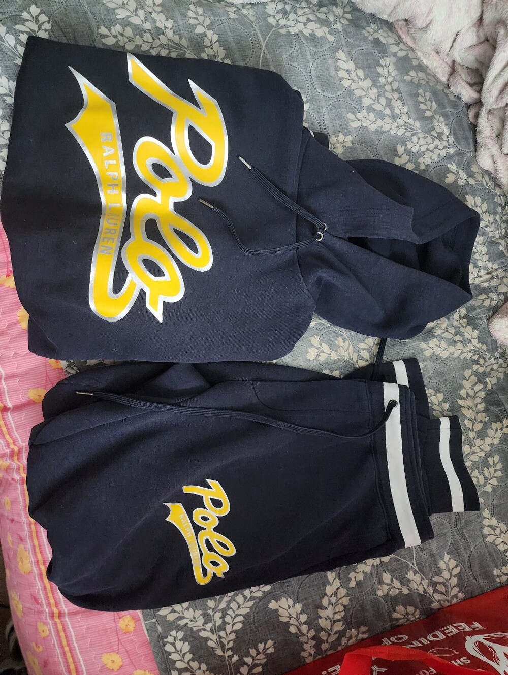 Ralph Lauren Navy Blue Hoodie with Yellow Polo Script With Pants Set. Unisex.